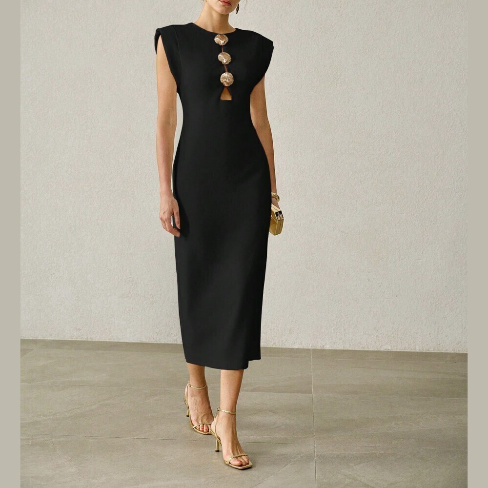 Black Shell Detailing Cutout Cap Sleeve Midi Sheath Dress - Picture 3 of 6
